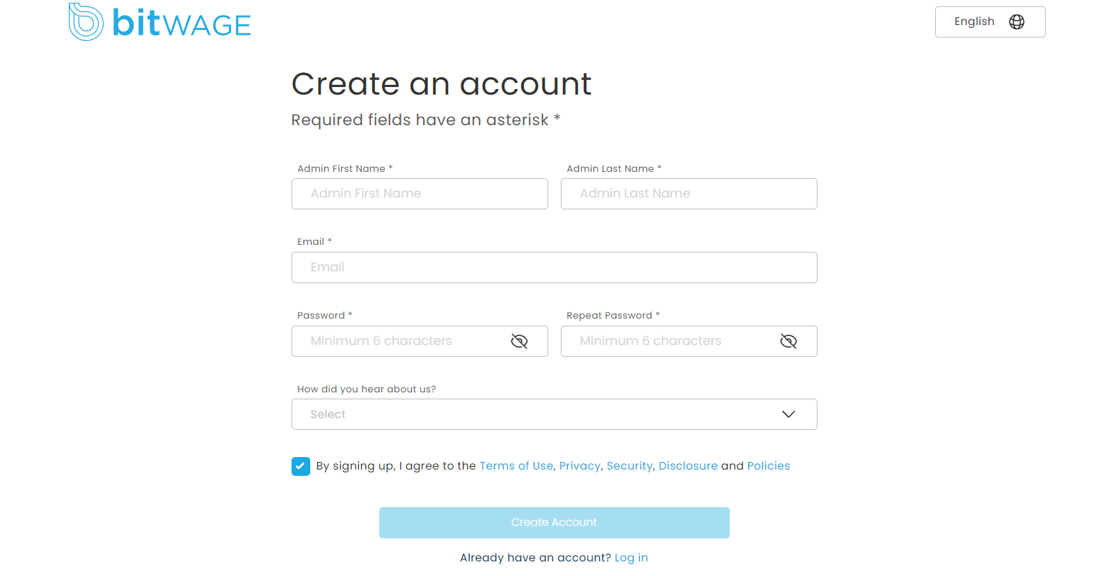 Create an account screen for Bitwage.com
