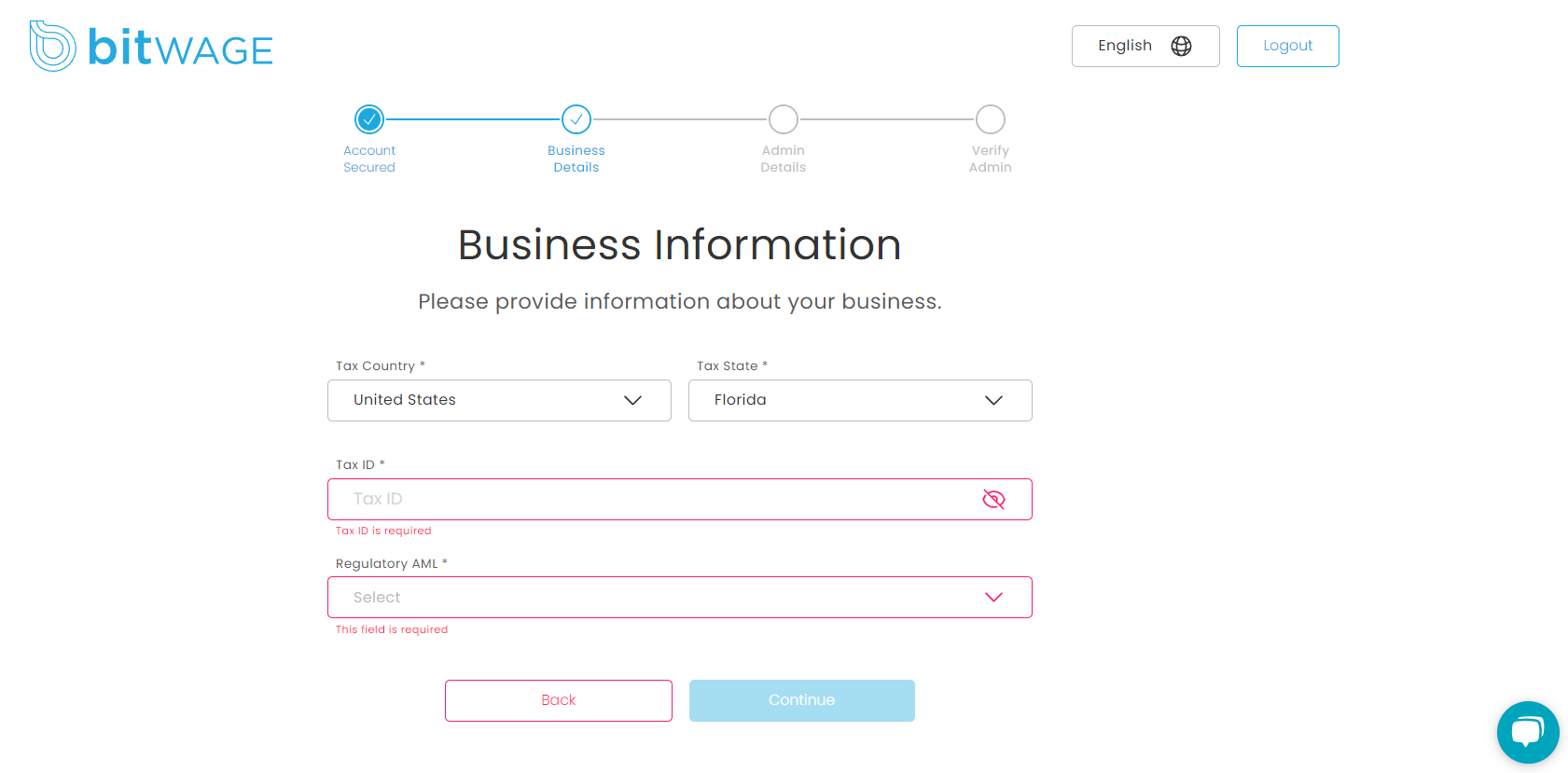 Bitwage website sign up 7