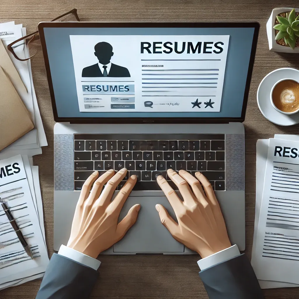 Cartoon image of a person browsing through resumes