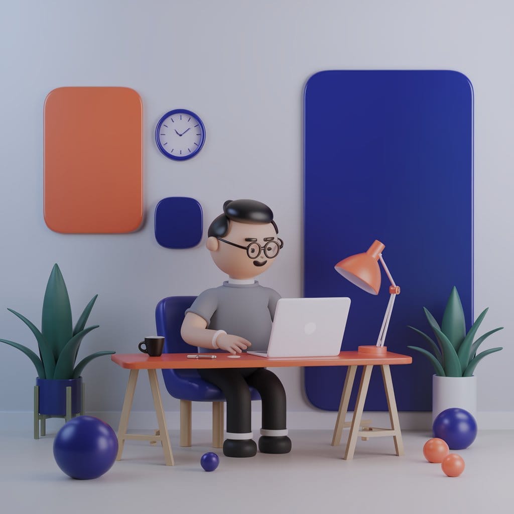 Image of a 3d person sitting on a desk with a laptop