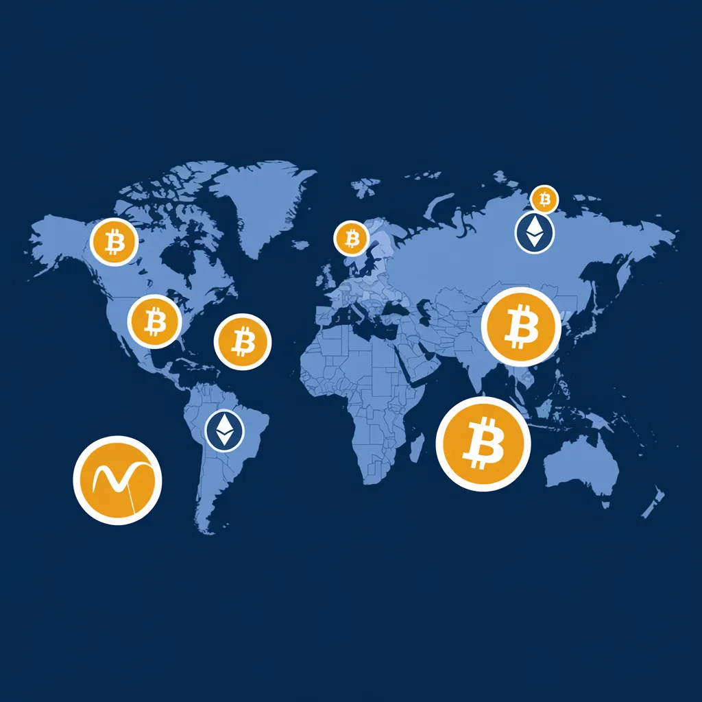 image of a map with cryptocurrencies in different parts of the world.
