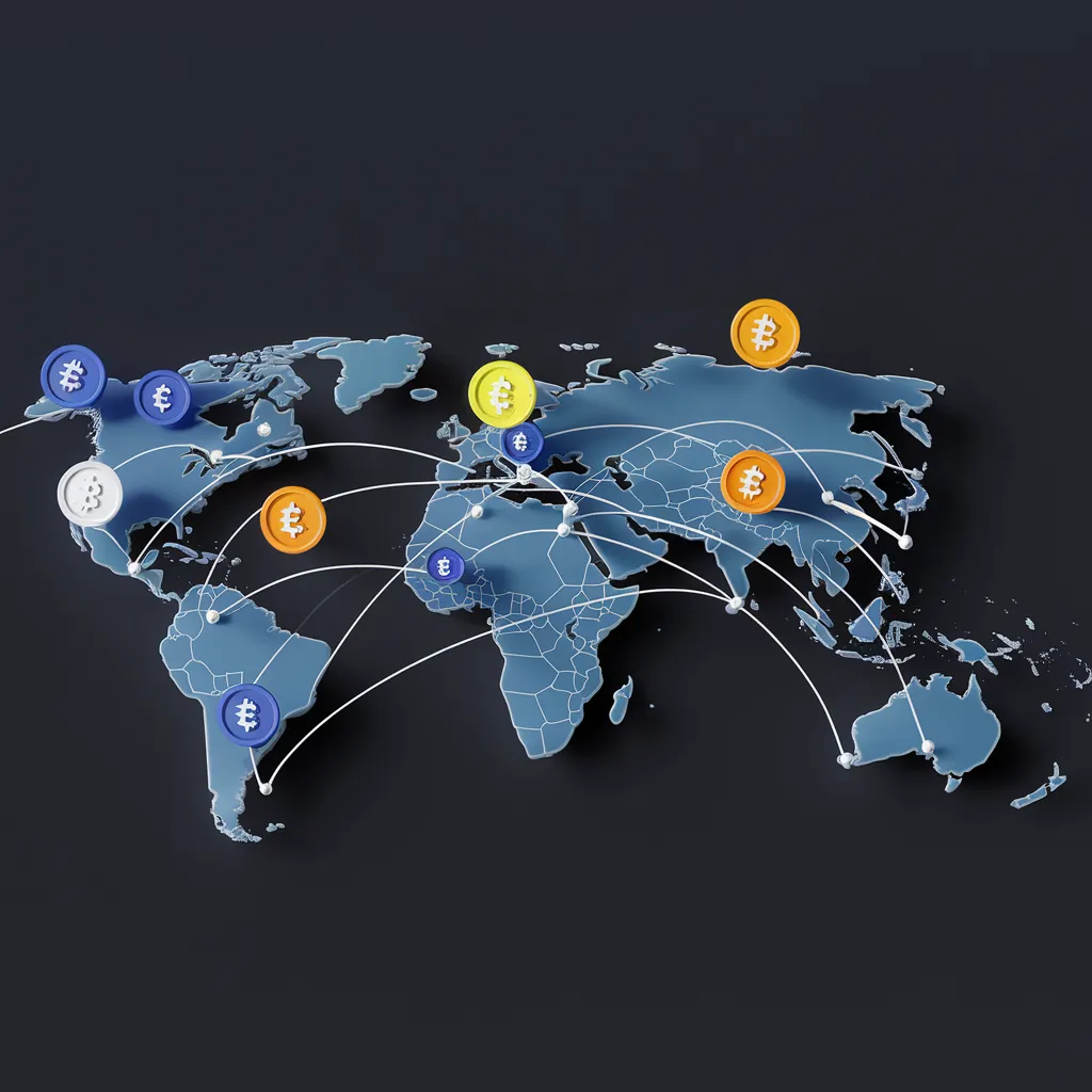 image of a map with cryptocurrencies in different parts of the world.