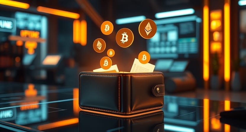 Image of a sleek wallet with currency symbols on top of it