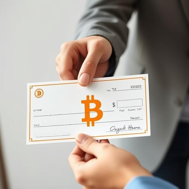 image of a person giving another person a check with bitcoin logo in it.